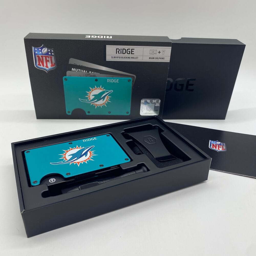 NWT Ridge NFL Dolphins Slim RFID Blocking Wallet Expand Money Clip Cash Strap